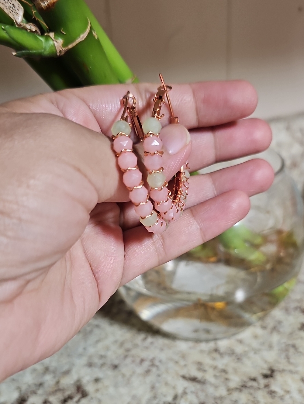 Rose Gold Pink Beaded Hoop Earrings